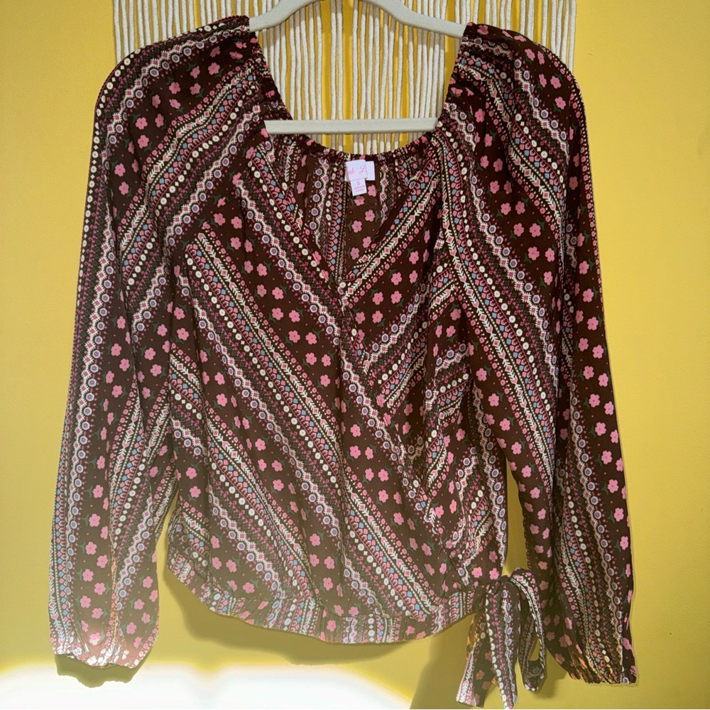 Pink Love Boho Hippie Floral Puff Sleeve Lightweight Faux Wrap Blouse Size Small